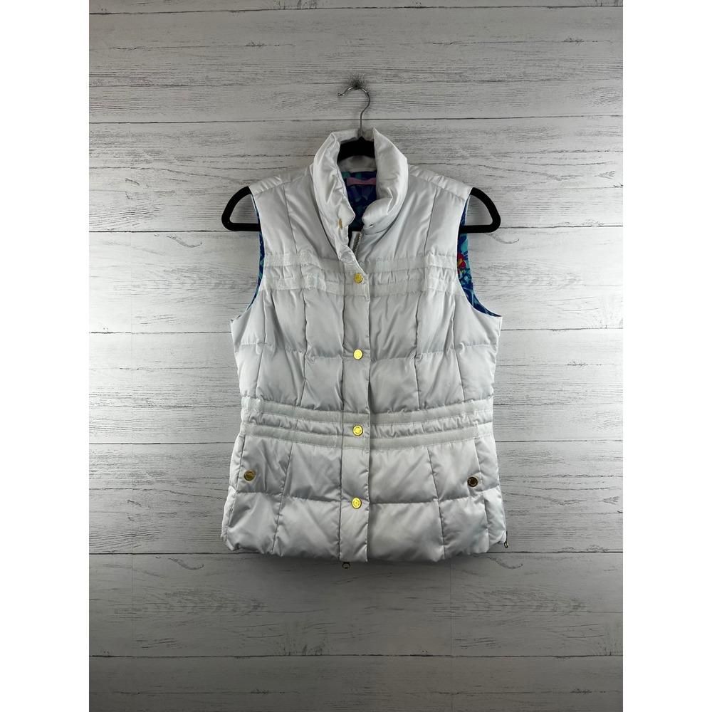 Lilly Pulitzer White Kate Puffer Vest Floral Lining Gold Snap Button Quilted